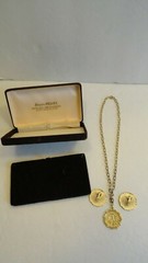 VTG Erwin Pearl Gold Tone Coin Necklace Clip On Earrings Set in box gold plated