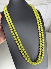 Vintage 60s 70s Mod Green Glass Bead Hand Tied Extra Long Necklace 28in