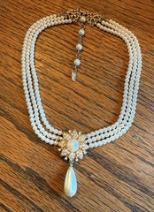 Y2K Era Christina Collection 3 Strand Faux Pearl Necklace Rhinestones Gold Tone