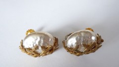 Miriam Haskell Earrings Baroque Faux Pearl Gilded Floral Clip-On Vintage 2400513