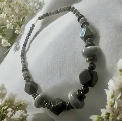 Vintage Modernist Geometric Chunky Statement 24”Necklace Black Gray Gold 1980s