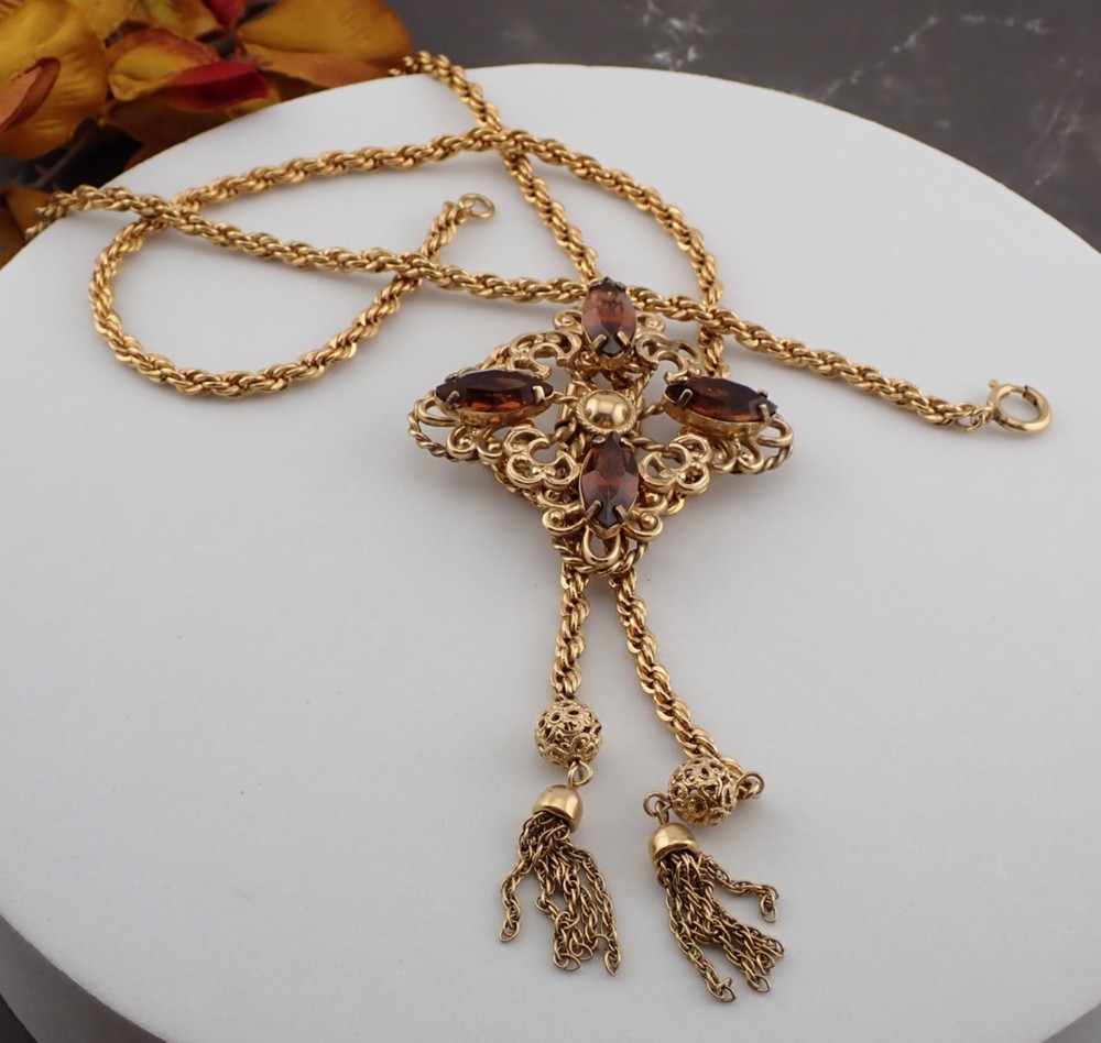 Carl Art CA 12k GF Simulated Topaz Rhinestone Tassel Dangle Lariat Necklace 49 g