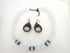 Vintage Light Blue Opaline Glass Bead Necklace Earrings Set Bohemian Deco Style