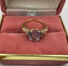 14K REAL SOLID YELLOW GOLD HALLMARKED TESTED GORGEOUS RING AMETHIST DIAMOND