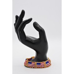 Vintage American Flag Beaded Bracelet Red White Blue USA Gold Woven 1990s Bin4
