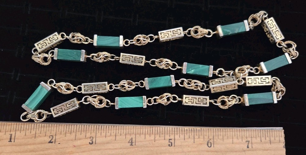 ORIENTAL Faux Jade Jadeite Necklace Vintage Square 32″ Gold Tone