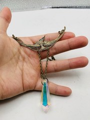 Vintage Style Art Nouveau Oxidized Brass Crane Bird w/ Rainbow Bead Necklace