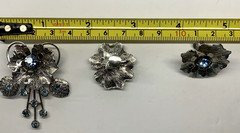 Vtg Pendant Brooch Pin & Earrings Blue Rhinestone Silver Tone Design by Anthony