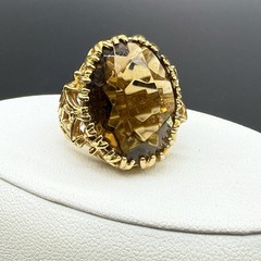 18K HGE Gold Tone Oval Faceted Brown Smoky Quartz Ornate Cocktail Ring Sz 4.75