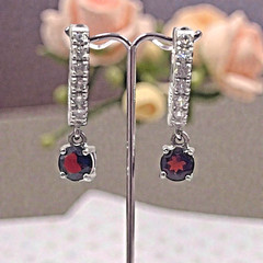 Vintage Sparkling 925 Sterling Silver Red & White CZ Hoop Dangle Charm Earrings