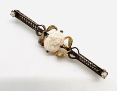 Long Art Deco Carved Shell Cameo Brooch Filigree Gold Filled Antique Jewelry
