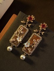 Vintage Floral Drop Earrings Red Rose Pearl Dangle Elegant Art Deco