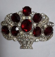 1930s red & clear rhinestone brooch, basket, flower bouquet, statement piece