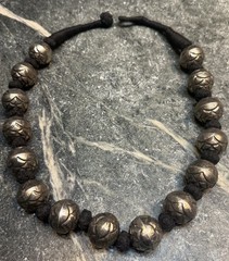 Vintage India Large Silver Repossé Bead Necklace on Black Woven Cord