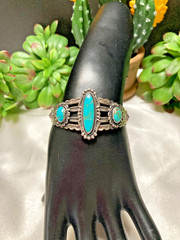 Fred Harvey Era Bell Trading Post Turquoise Three Stone Sterling Cuff Bracelet