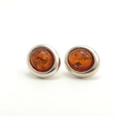 Vintage Sterling Silver Bezel Set Genuine Amber Stud Button Earrings