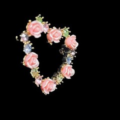 Avon Gold Tone, Rhinestone Heart Brooch With Lucite Rose Accents Signed JJJ