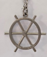 VINTAGE Chunky Modernist Logeskov Tin Denmark Ship’s Wheel Pendant Necklace 26in