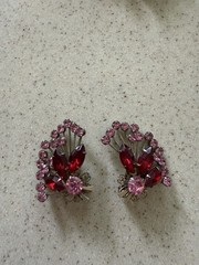 Vintage Juliana style Red Navette pink Chaton Rhinestone spray clip earrings