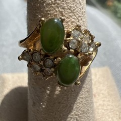 Vintage Faux Jade & Diamond Ring Set In Gold Tone Metal; Sz. 6.5; Beautiful!