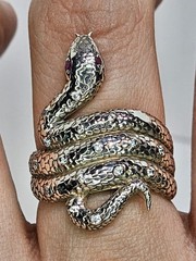 925 Sterling Silver – Ruby Eyes & CZ – Articulated Toungue Snake Ring Size 9.75