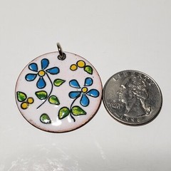 Vintage Enamel On Copper Pendant Floral Colorful 1.25″ Double Sided