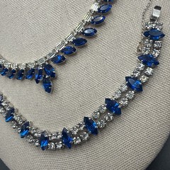 Vintage B David Silver Tone Blue Rhinestone Crystal Necklace Bracelet Clip Ons
