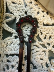 Victorian Hair Ornament Comb Red Garnet Tortoise Shell Pick. Estate Jewelry. Vtg