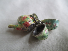 Vtg Sterling Charm Set of Floral Enamel Teapot Lid Lifts & Cups Brown County