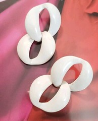 Vintage Long Pierced Earrings Dangles Geometri, 1.5″ Long White Enamel wp-46
