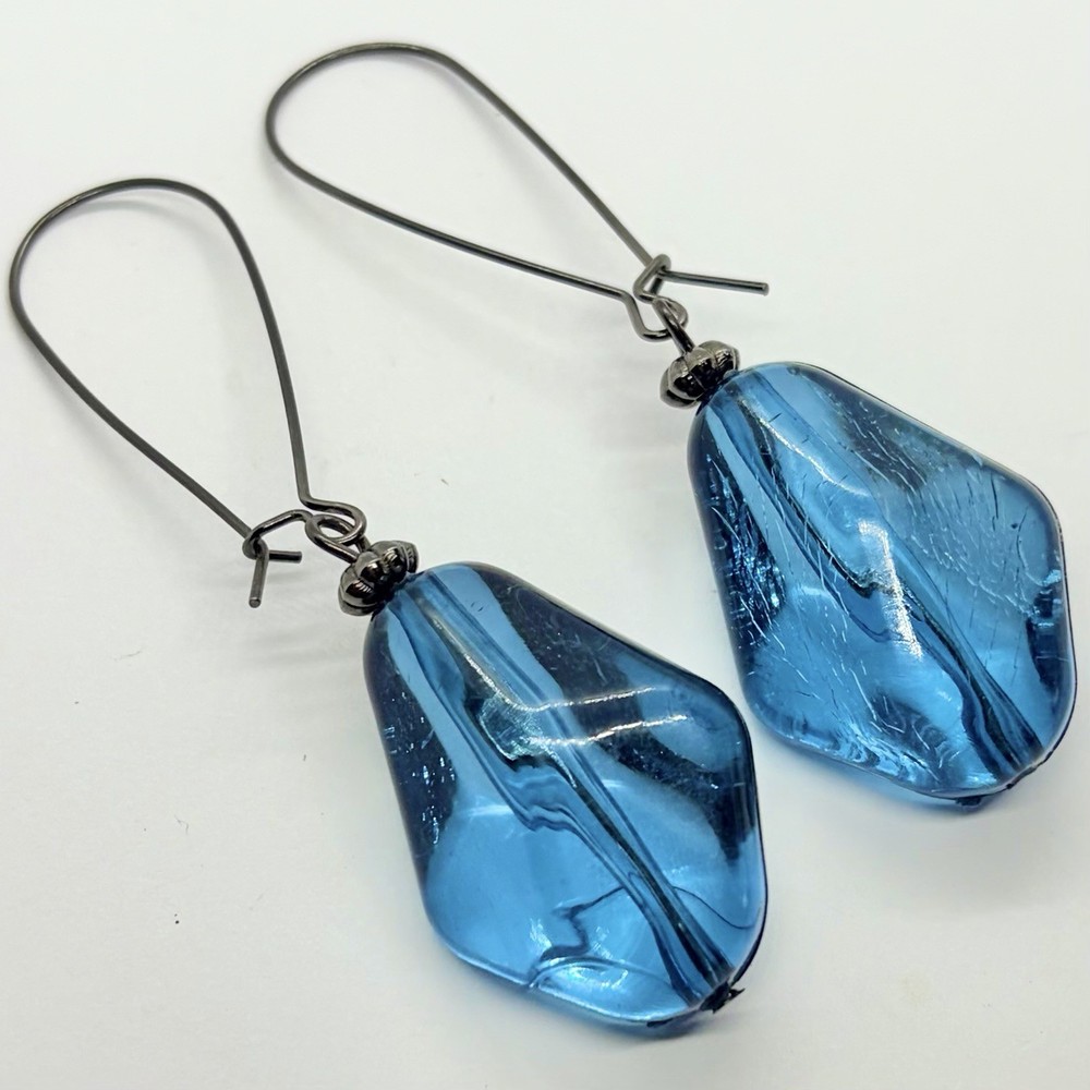 Vtg Large Blue Resin Translucent Nugget Statement Drop Earrings Wire Hook Dangle