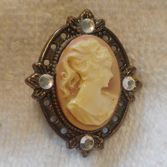 Oval Ivory Cameo Portrait Brooch Pin, Gold Tone with Rhinestone Accents