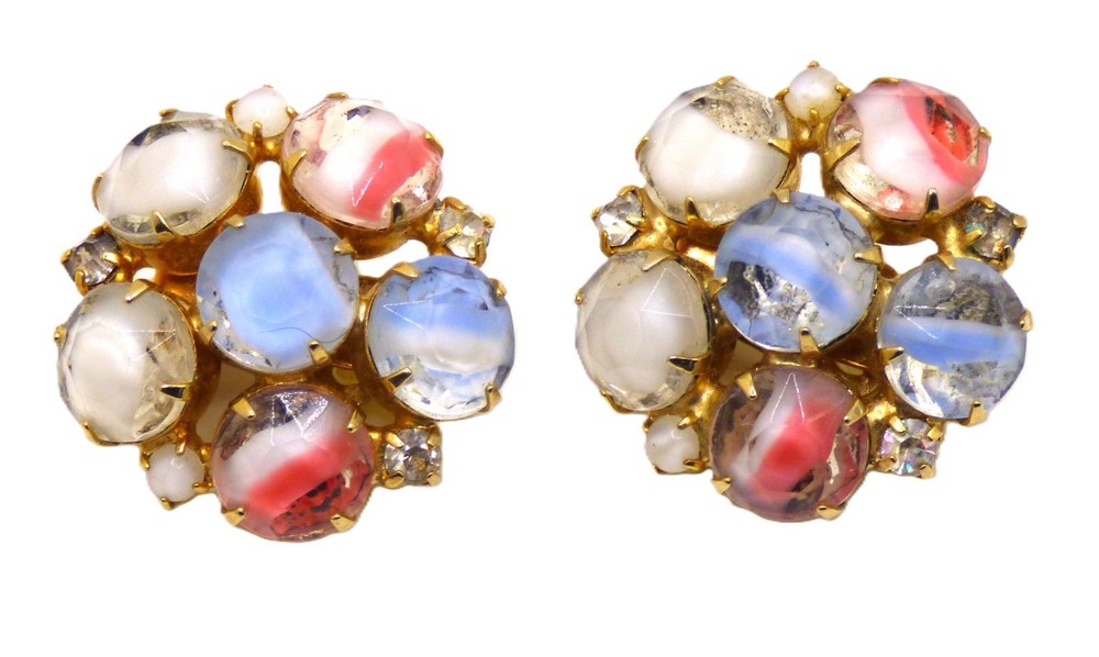 🌷 Vintage Rare Find HOBE Pastel Givre Cabochon Clip On Earrings