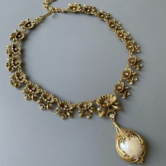 Victorian Pearl Necklace Earrings Set Antique Gold Statement Jewelry