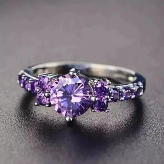 2.10Ct Moissanite Round Cut Amethyst Halo Engagement Ring 14k White Gold Plated