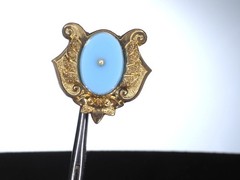 Antique gold brooch blue opaline glass hollow pin tube hinge C-clasp jewelry
