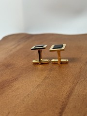 Vintage Cufflinks Square Gold-tone W/ Black Inlay Bullet Back Mens