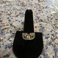 Vintage 18K HGE Chunky Statement Ring Mid Century Faux Sapphire Diamond Size 10