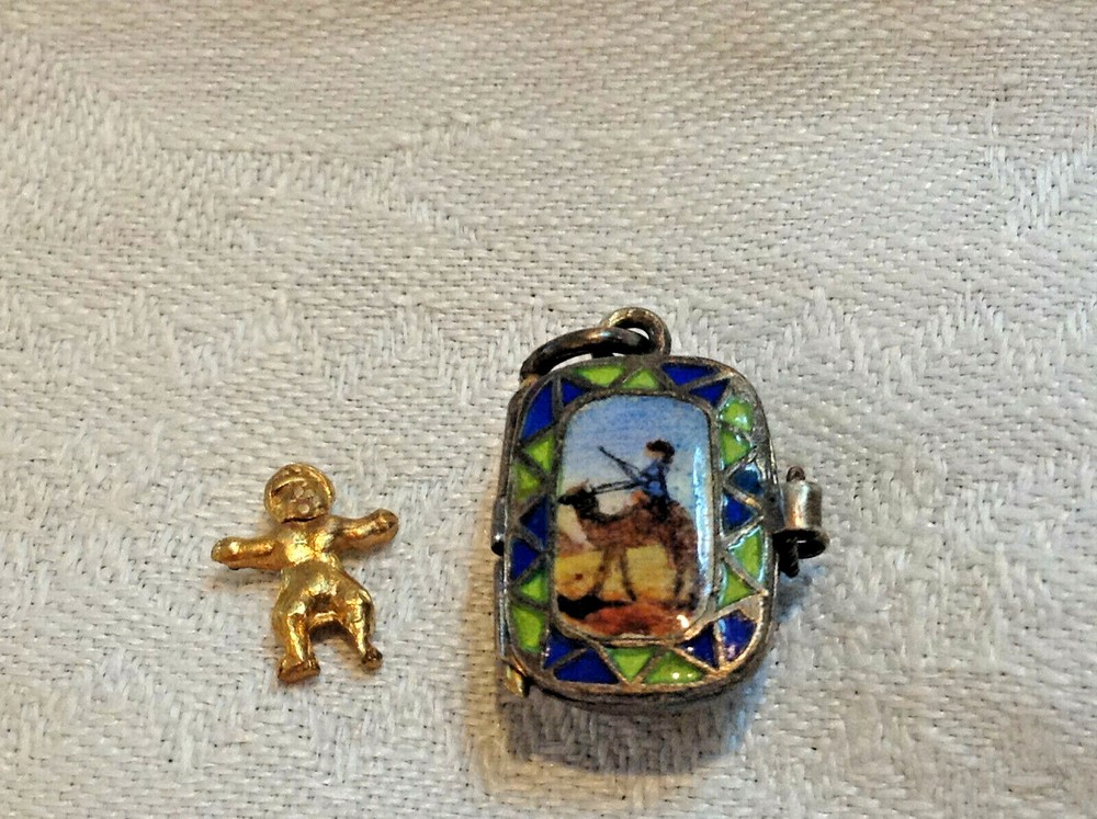 Egyptian Revival Enamel 800 Silver MOSES Basket Locket 0r Charm w Baby MOSES