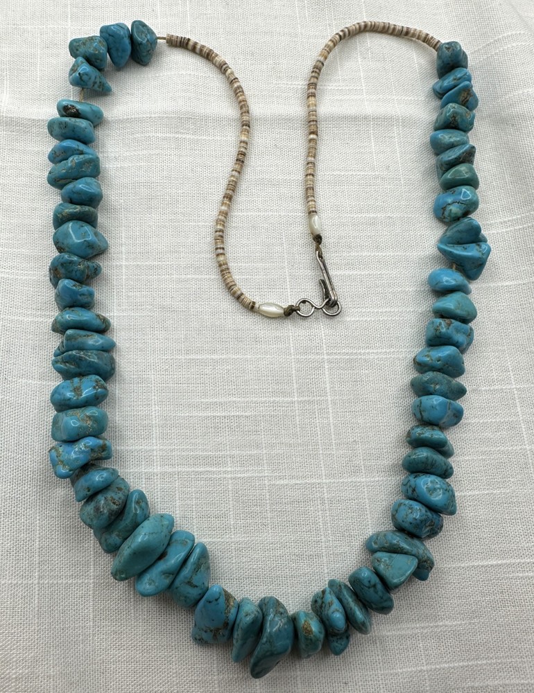Old Pawn Kewa Sleeping Beauty Turquoise Nugget Olive Heshi Shell 24″ Necklace