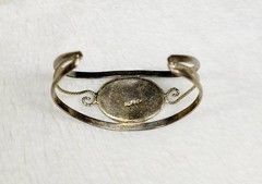 Vintage Alpaca Stained Glass Teal Mother of Pearl Abalone Floral Cuff Bracelet