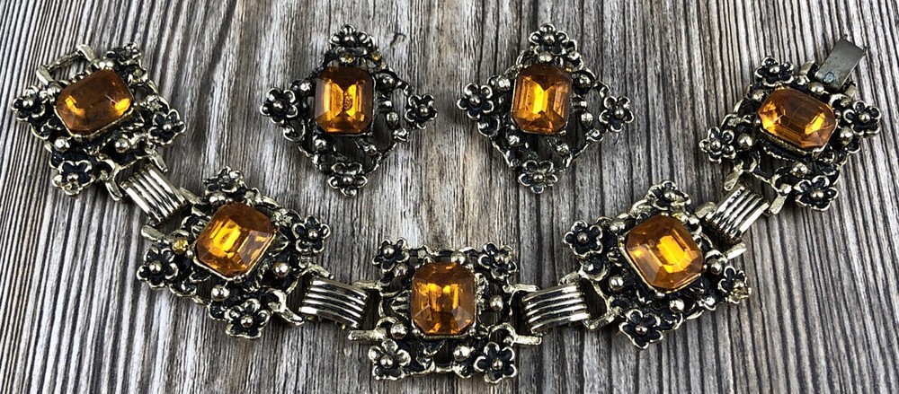 Vintage Floral Flower Orange Rhinestone Panel Bracelet Earring Set