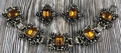 Vintage Floral Flower Orange Rhinestone Panel Bracelet Earring Set