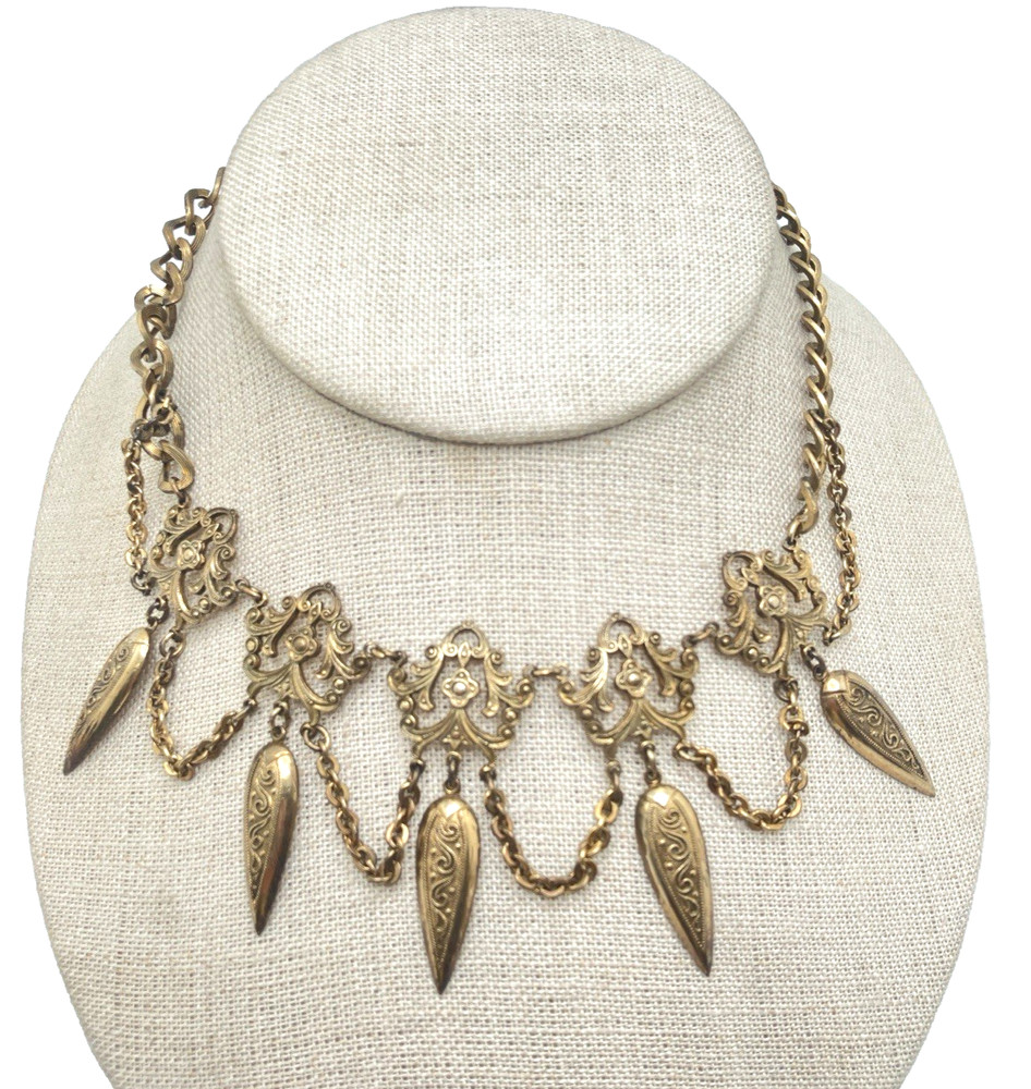 Antique Gilded Brass-Toned Festoon Choker Necklace 13.5″