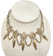 Antique Gilded Brass-Toned Festoon Choker Necklace 13.5″