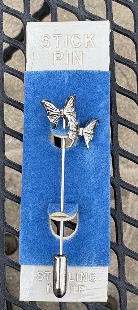 Vintage BUTTERFLY Stick Pin Sterling Motif On Original Card Unused 1980’s NOS