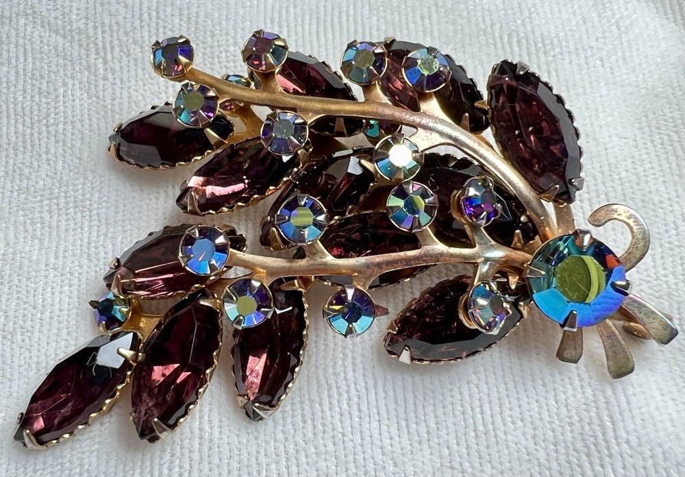 Vintage Amethyst Rhinestone Spray Brooch AB Crystal Gold Tone Mid Century