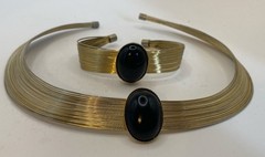 Modern Revival Silver/Gold Tone Wire Choker & Bracelet Set with Black Stone