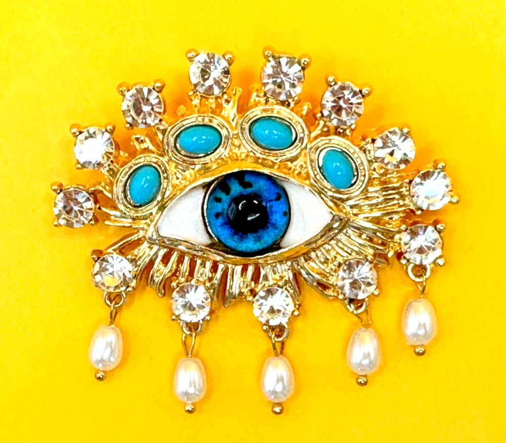 Gold Tone Faux Pearls & Rhinestones Acrylic Eye Brooch Contemporary