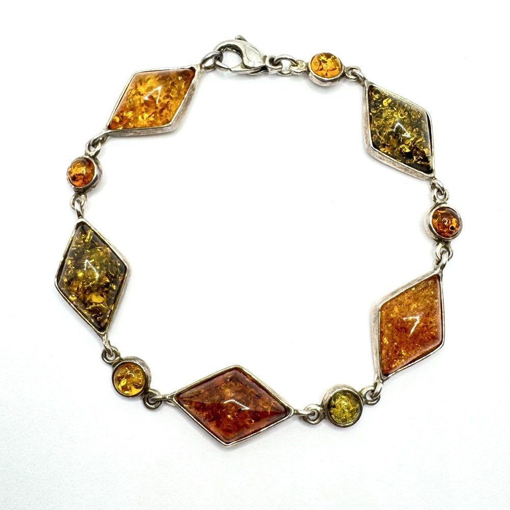 Vintage Diamond and Mini Round Shape Natural Baltic Amber Silver Bracelet 7.5”